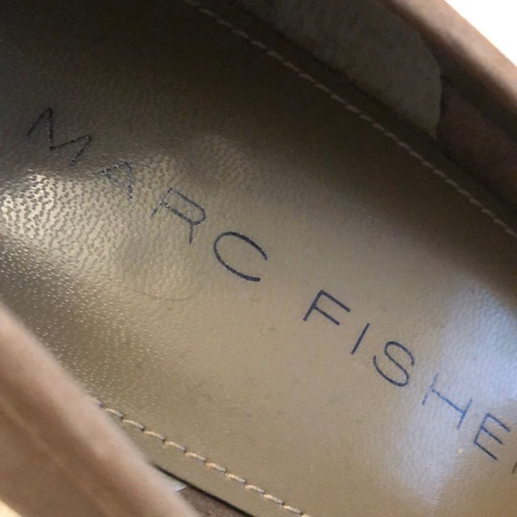 Tan suede leather wooden stacked heel 2” loafers. - Picture 2 of 4